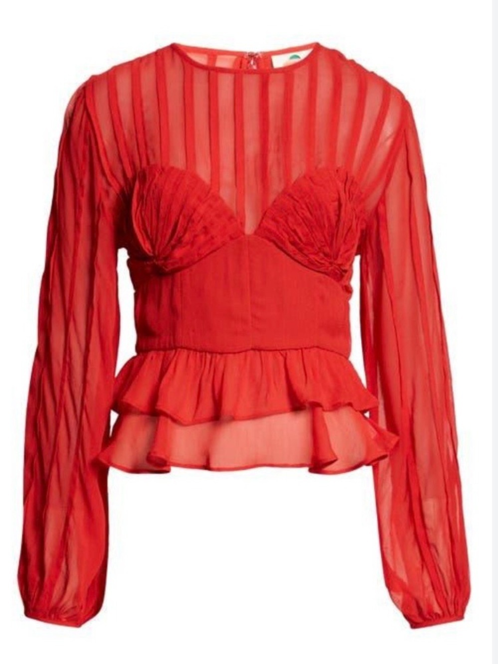 FARM Rio Red Ruffled Sheer Long-Sleeve Peplum Blouse Size Small